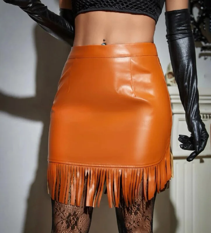 sleek tailored skirts -sleek tailored skirts -Orange Faux Leather Fringe Skirt