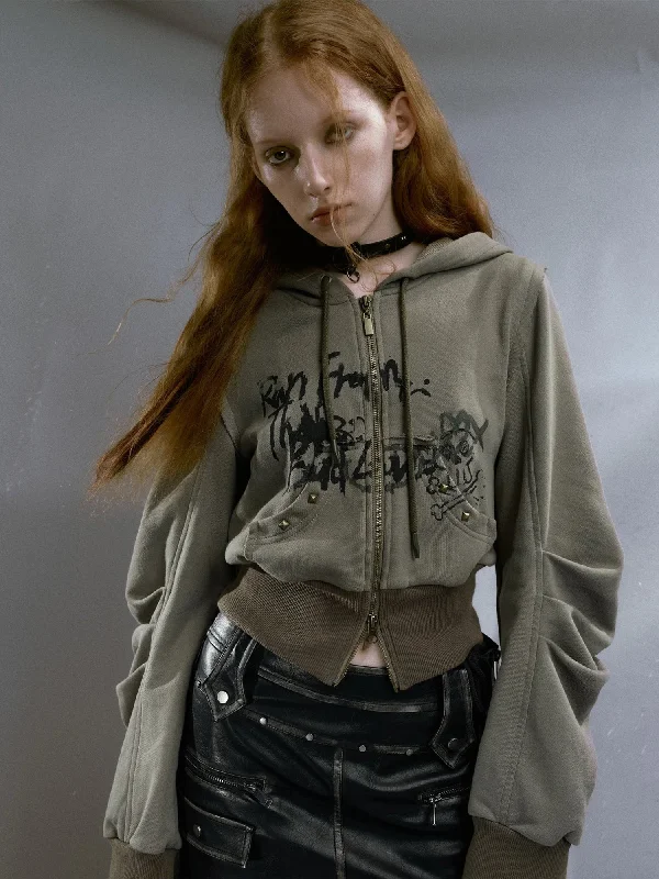 pup snap hoodies -Grunge Ruched Sleeve Hoodie