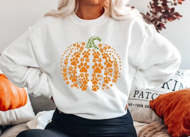 witty nerd sweatshirts -Paw Pumpkin Halloween Crew Neck Comfortable Sweatshirt