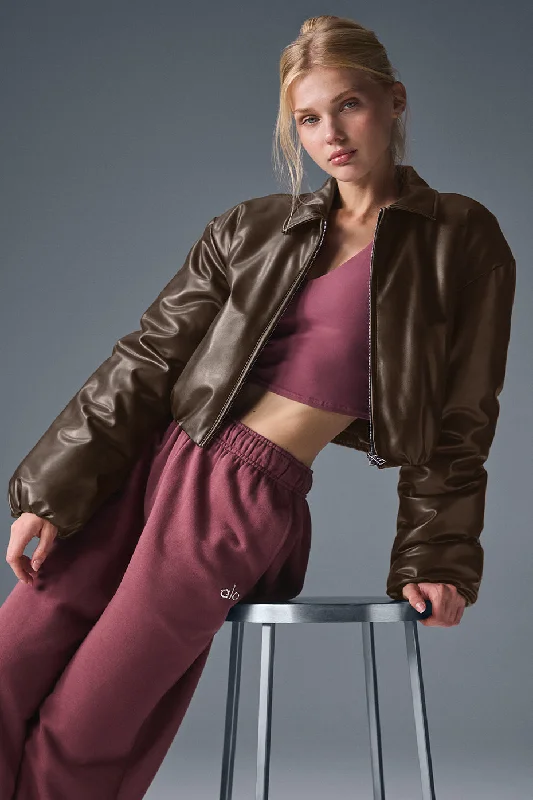 cozy shearling jackets -Faux Leather Cropped Premier Bomber - Espresso