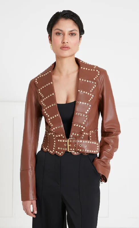 sporty denim jackets -Texas Leather Studded Jacket - Tan