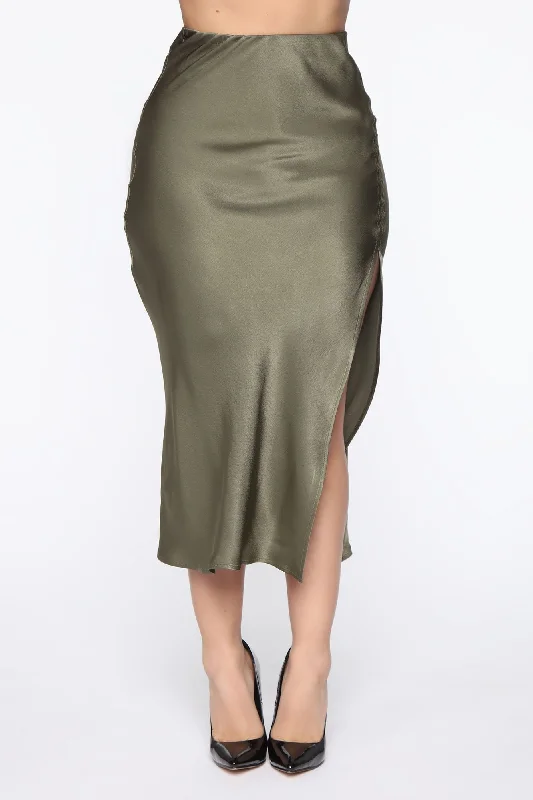 soft blend skirts -soft blend skirts -Celebrate Success Satin Midi Skirt - Olive