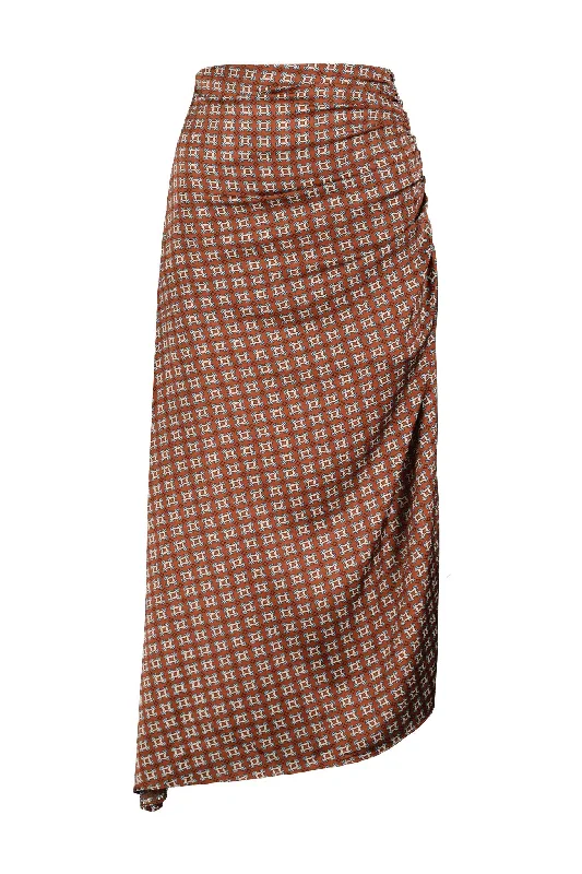 contrast trim skirts -contrast trim skirts -Asymmetrical Midi Skirt - Copper Heritage Print