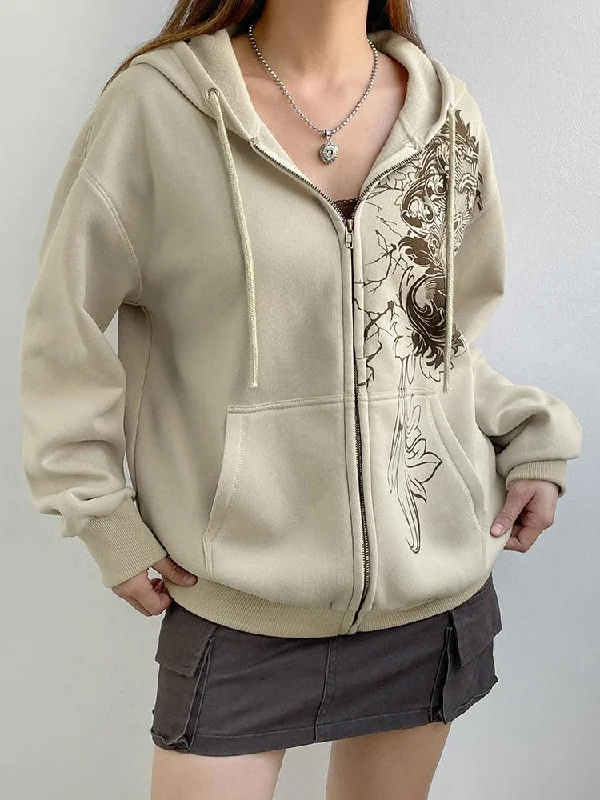 retro logo hoodies -Fairy Grunge Floral Zip-Up Hoodie