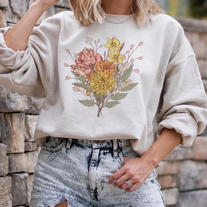 space movie sweatshirts -Plant Lover Gift for Mom Bouquet Round Neck Comfortable Sweatshirt