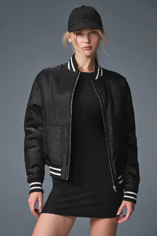 plush bomber jackets -Afterglow Varsity Jacket - Black