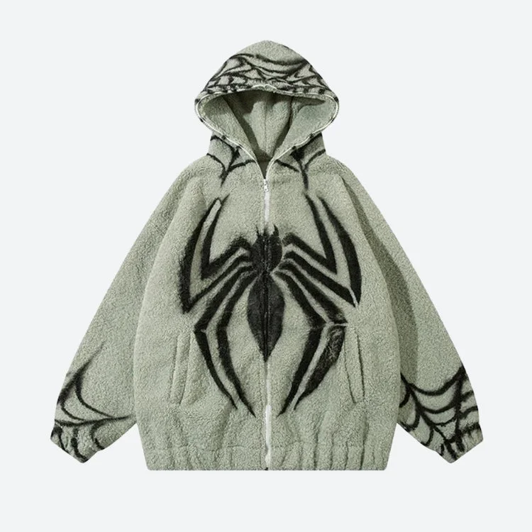 snug hoodies winter -Spider Full Zip-Up Teddy Hoodie Jacket