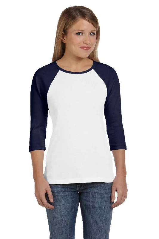 rib stretch t-shirts -rib stretch t-shirts -rib stretch t-shirts -Bella + Canvas Womens 3/4 Sleeve Crewneck T-Shirt - White/Navy Blue