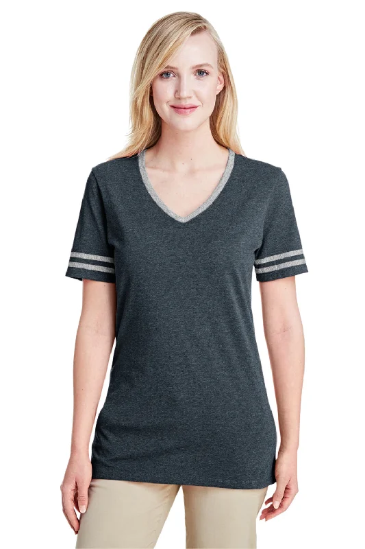 utility pocket t-shirts -utility pocket t-shirts -utility pocket t-shirts -Jerzees Womens Varsity Ringer Moisture Wicking Short Sleeve V-Neck T-Shirt - Heather Black/Oxford Grey - Closeout