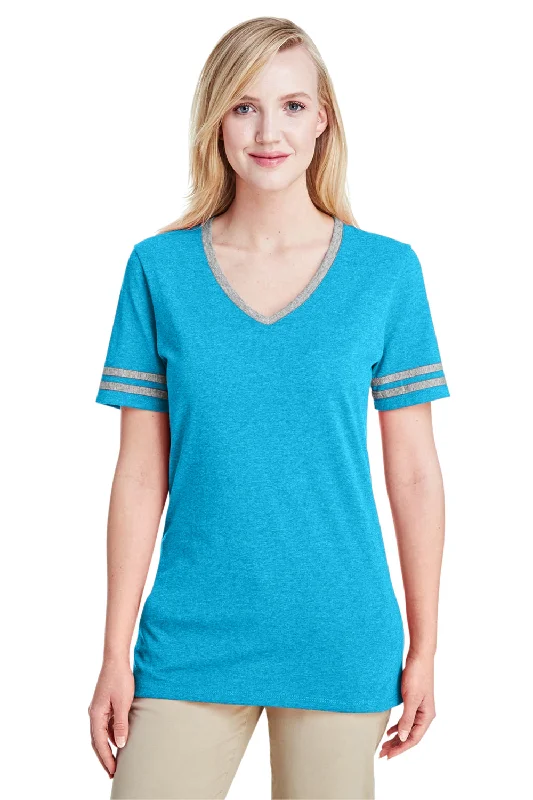 bold checker t-shirts -bold checker t-shirts -bold checker t-shirts -Jerzees Womens Varsity Ringer Moisture Wicking Short Sleeve V-Neck T-Shirt - Heather Caribbean Blue/Oxford Grey - Closeout