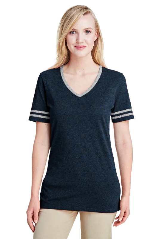 sharp cut t-shirts -sharp cut t-shirts -sharp cut t-shirts -Jerzees Womens Varsity Ringer Moisture Wicking Short Sleeve V-Neck T-Shirt - Heather Indigo Blue/Oxford Grey - Closeout