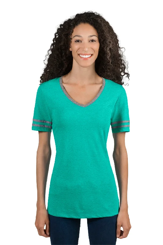 iconic graphic t-shirts -iconic graphic t-shirts -iconic graphic t-shirts -Jerzees Womens Varsity Ringer Moisture Wicking Short Sleeve V-Neck T-Shirt - Heather Mint Green/Oxford Grey - Closeout