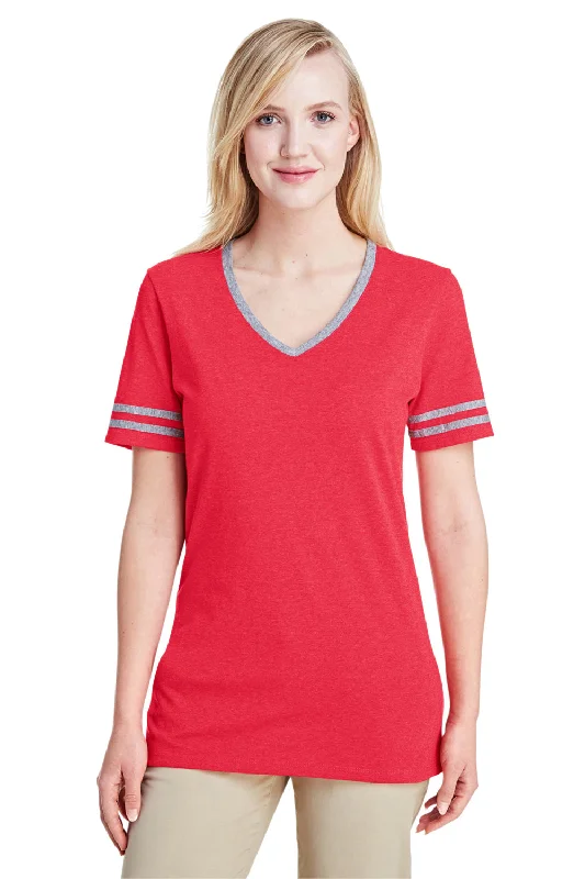 vented active t-shirts -vented active t-shirts -vented active t-shirts -Jerzees Womens Varsity Ringer Moisture Wicking Short Sleeve V-Neck T-Shirt - Heather Fiery Red/Oxford Grey - Closeout