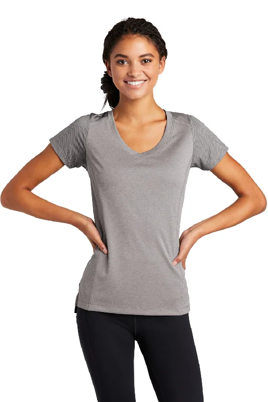 flared hem t-shirts -flared hem t-shirts -flared hem t-shirts -Sport-Tek Womens Endeavor Moisture Wicking Short Sleeve V-Neck T-Shirt - Heather Light Grey/Light Grey