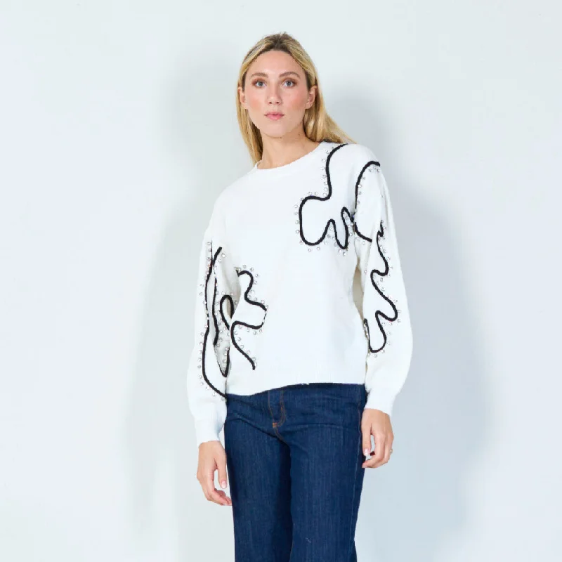 tight-knit high-neck pullover sweaters -Abstract pearl embellished sweater wholesale