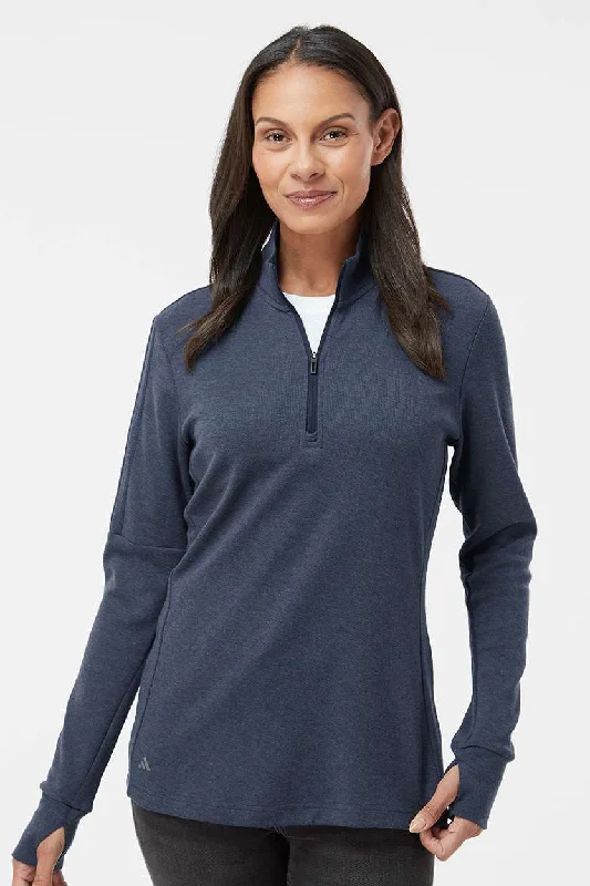 loose knit ribbed pullover sweaters -Adidas Womens 3 Stripes Moisture Wicking 1/4 Zip Sweater - Collegiate Navy Blue Melange