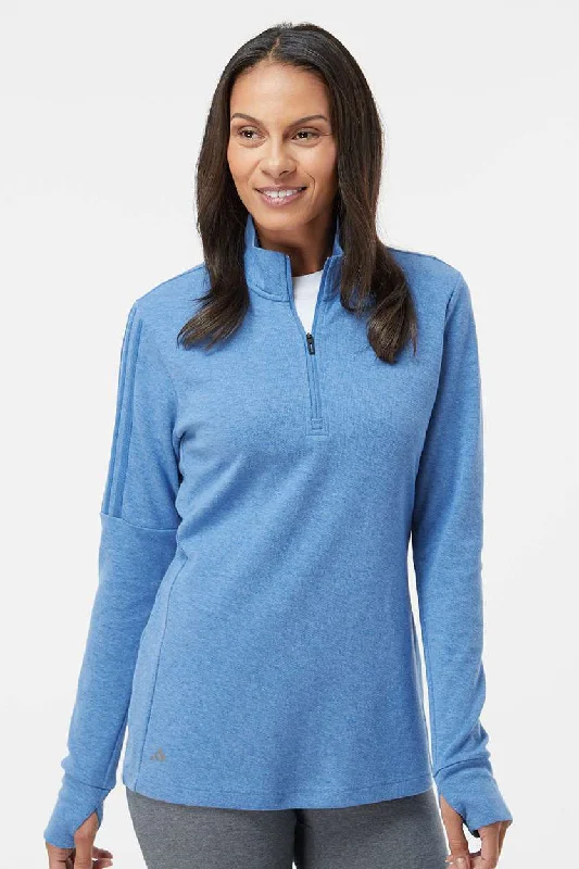 retro ribbed pullover sweaters -Adidas Womens 3 Stripes Moisture Wicking 1/4 Zip Sweater - Focus Blue Melange