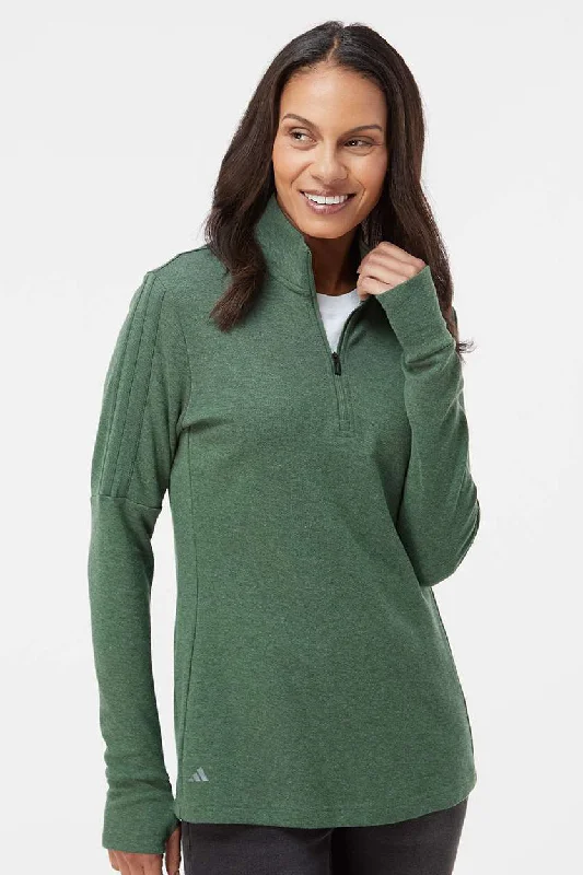 wide ribbed pullover sweaters -Adidas Womens 3 Stripes Moisture Wicking 1/4 Zip Sweater - Green Oxide Melange