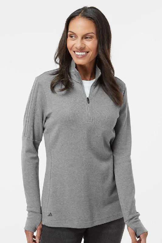 high-neck ribbed pullover sweaters -Adidas Womens 3 Stripes Moisture Wicking 1/4 Zip Sweater - Grey Melange