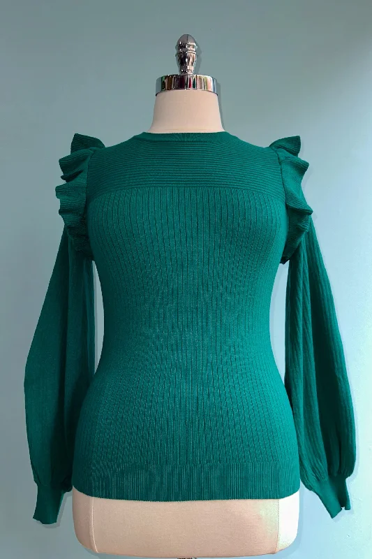 thick ribbed pullover sweaters -Alpine Green Shoulder Ruffle Crewneck Sweater