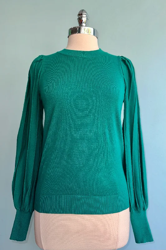 llama striped pullover sweaters -Alpine Green Striped Blouson Sleeve Pullover Sweater