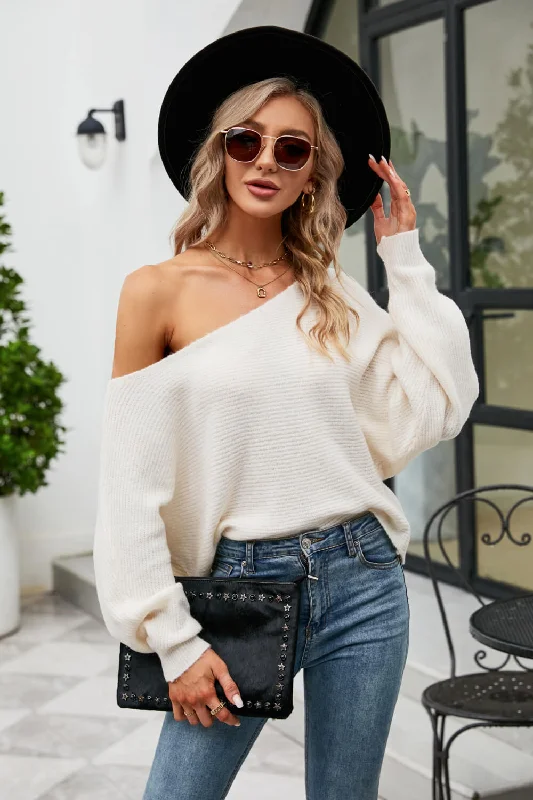 thin hooded pullover sweaters -Boat Neck Horizontal Ribbing Dolman Sleeve Sweater