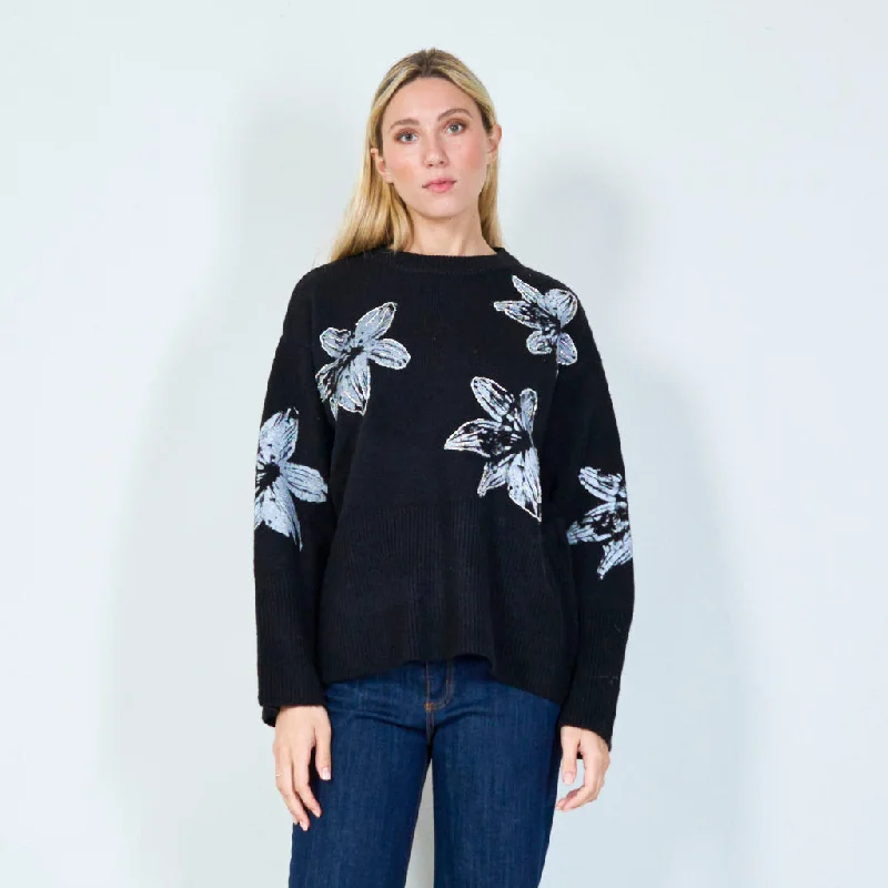 loose knit high-neck pullover sweaters -Bold floral print sweater wholesale