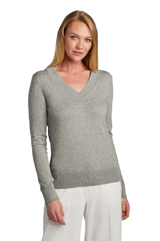 fluffy floral pullover sweaters -Brooks Brothers Womens Long Sleeve V-Neck Sweater - Heather Light Shadow Grey