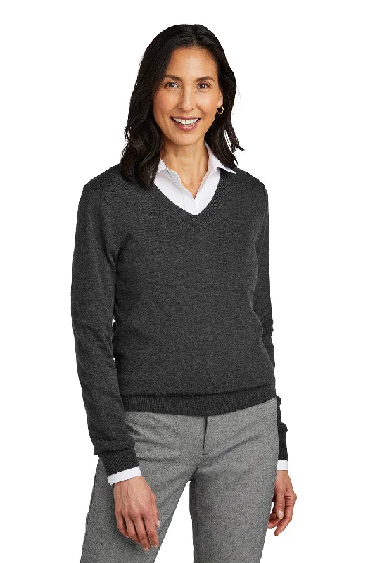 rustic knit mohair pullover sweaters -Brooks Brothers Womens Merino Long Sleeve V-Neck Sweater - Heather Windsor Grey - COMING SOON