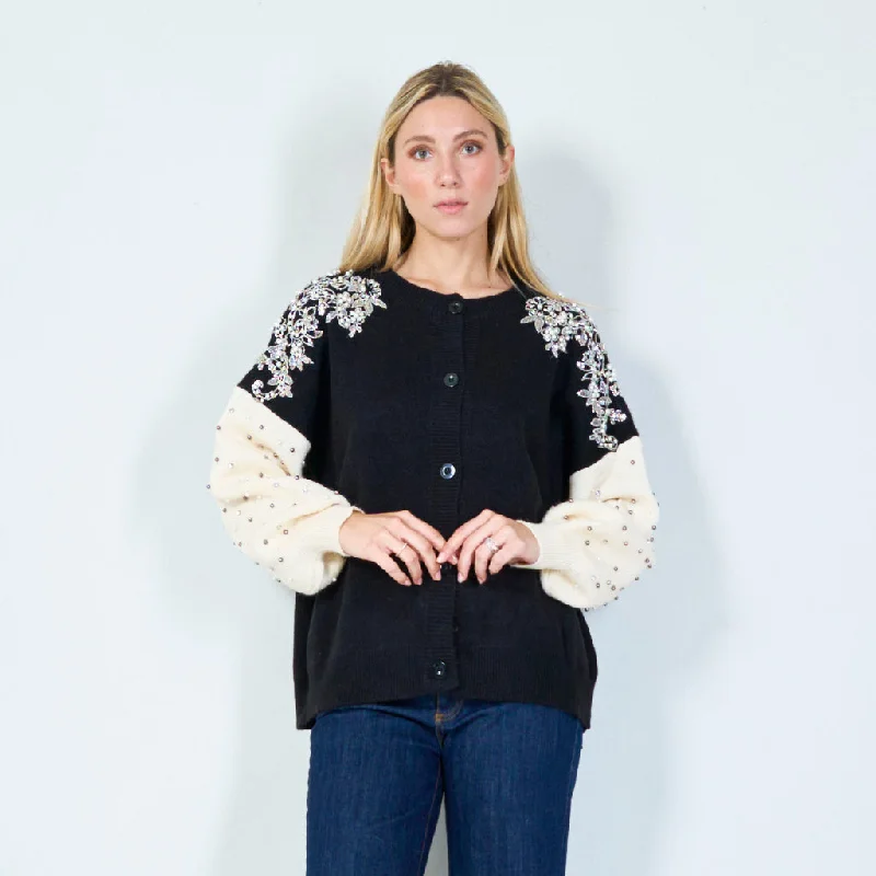 retro high-neck pullover sweaters -Elegant floral applique and bead detail button-up sweater wholesale