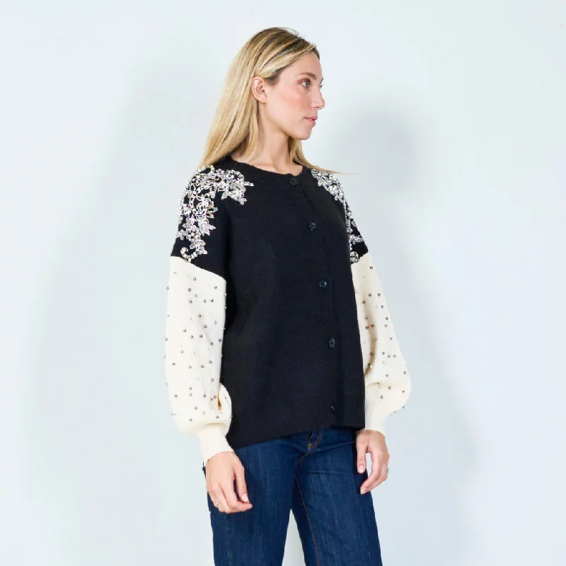 fluffy high-neck pullover sweaters -Elegant floral applique and bead detail sweater wholesale