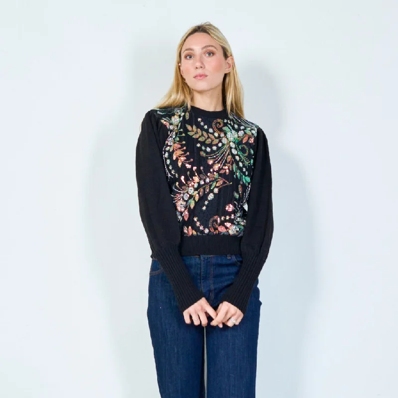 soft blend high-neck pullover sweaters -Elegant floral sequin sweater wholesale