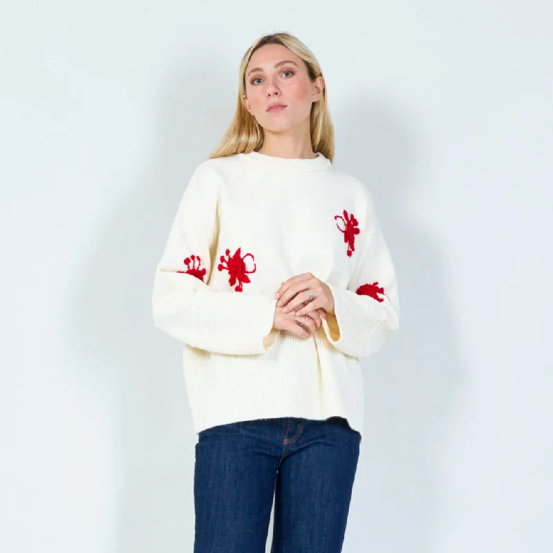 high-neck pullover sweaters for work -Embroidered floral motif sweater wholesale