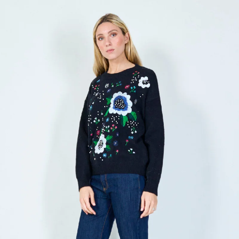 bold high-neck pullover sweaters -Floral embroidered sweater wholesale