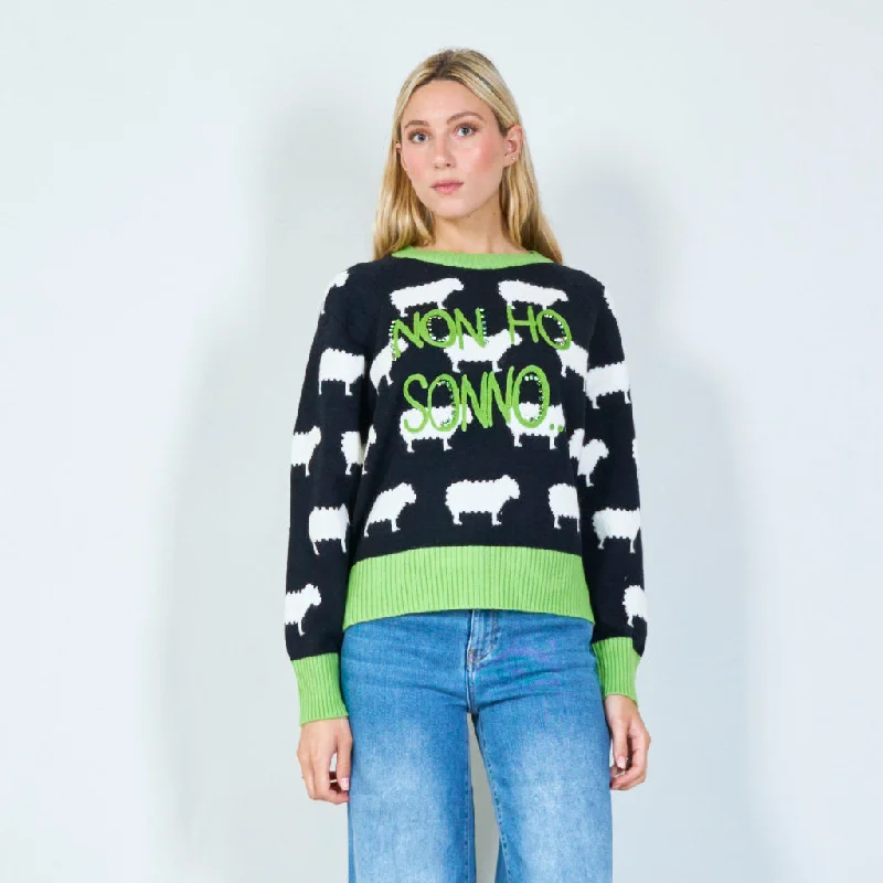 merino pullover sweaters luxury -Fun sheep print sweater with slogan wholesale