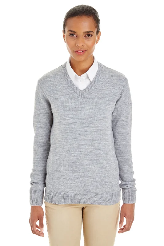 loose striped pullover sweaters -Harriton Womens Pilbloc Pill Resistant V-Neck Long Sleeve Sweater - Heather Grey