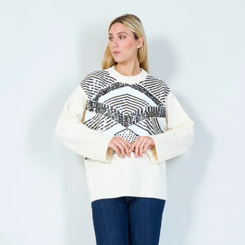 high-neck pullover sweaters with side pockets -Modern geometric sequin sweater wholesale