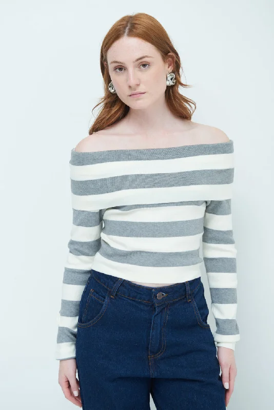 elbow-sleeve alpaca pullover sweaters -Off-shoulder striped sweater wholesale