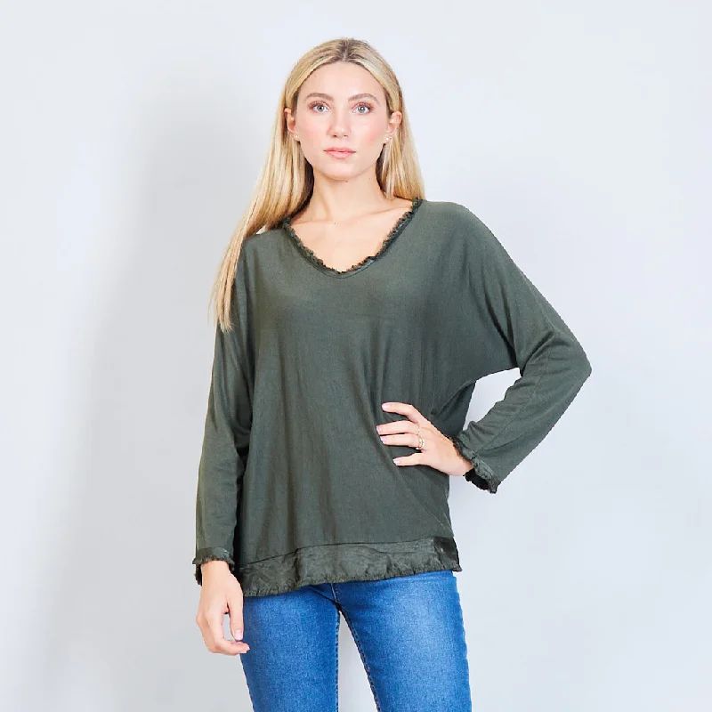 fuzzy wool pullover sweaters -Oversized v-neck sweater with frayed satin hem wholesale