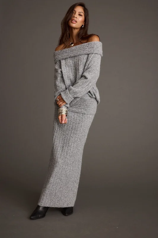 fitted hooded pullover sweaters -Pamela Heather Grey Sweater Maxi Skirt