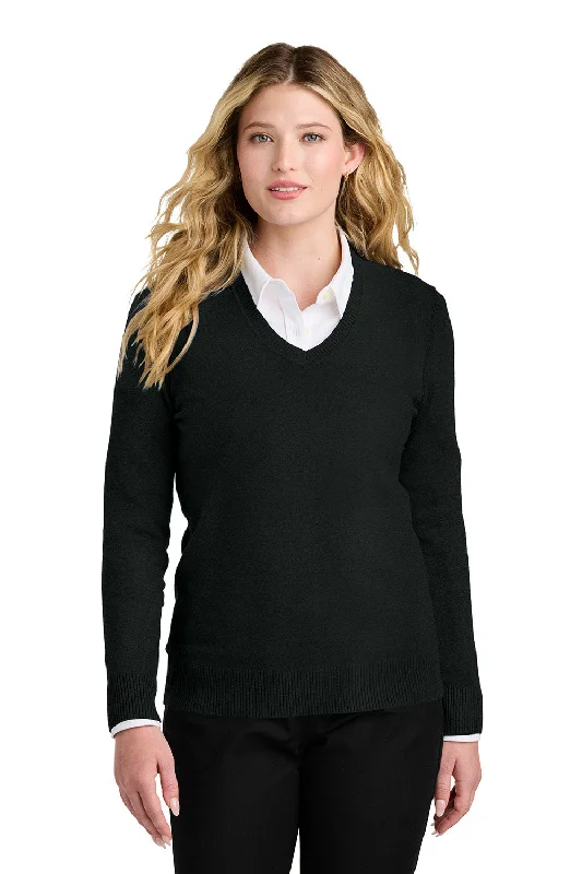 high-neck mohair pullover sweaters -Port Authority Womens Easy Care Long Sleeve V-Neck Sweater - Deep Black - COMING SOON