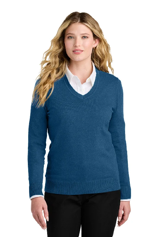 thick mohair pullover sweaters -Port Authority Womens Easy Care Long Sleeve V-Neck Sweater - Heather Aegean Blue - COMING SOON