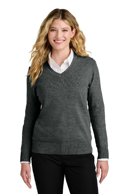 soft blend alpaca pullover sweaters -Port Authority Womens Easy Care Long Sleeve V-Neck Sweater - Heather Charcoal Grey - COMING SOON