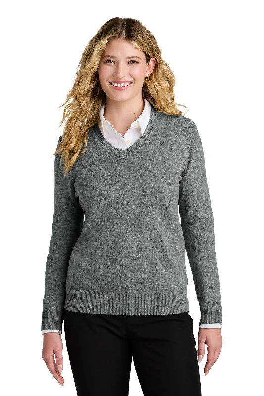 alpaca pullover sweaters for work -Port Authority Womens Easy Care Long Sleeve V-Neck Sweater - Heather Medium Grey - COMING SOON