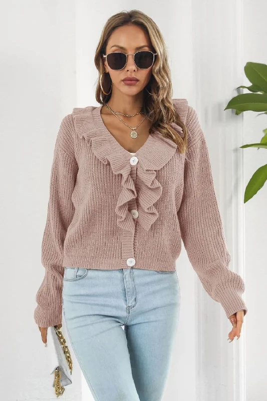 extended striped pullover sweaters -Ruffle Trim Button-Down Dropped Shoulder Sweater