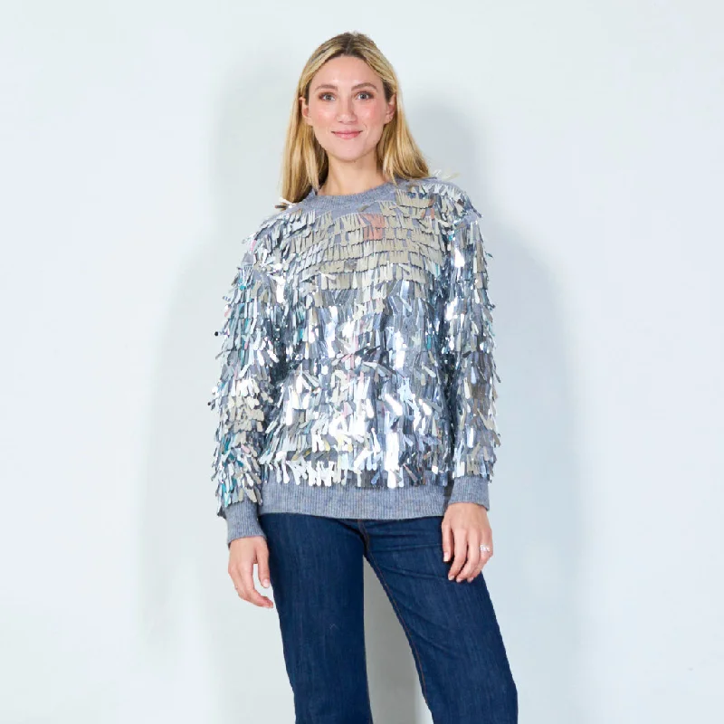 slouchy pullover sweaters women -Shiny sequin fringe sweater wholesale