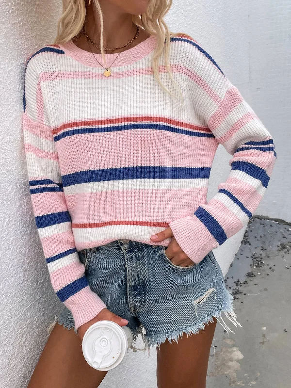 wide striped pullover sweaters -Striped Drop Shoulder Round Neck Pullover Sweater