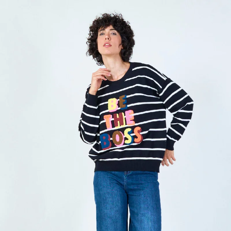 hooded pullover sweaters for winter -Striped sweater with "Be The Boss" embroidery wholesale