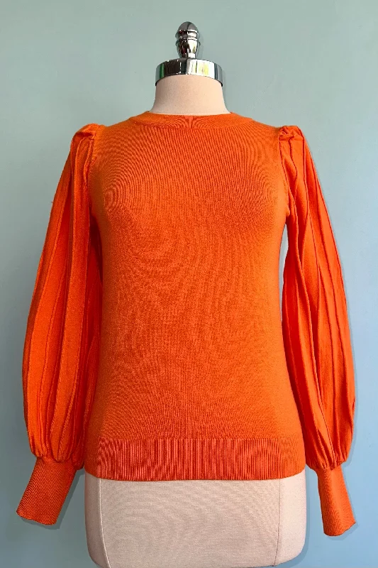 velvety striped pullover sweaters -Tangerine Striped Blouson Sleeve Pullover Sweater