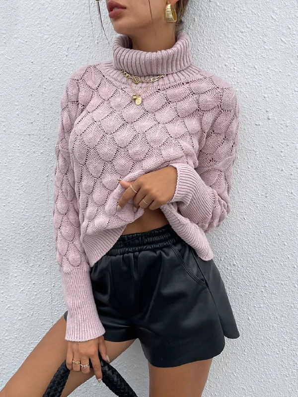 warm striped pullover sweaters -Turtle Neck Ribbed Long Sleeve Sweater